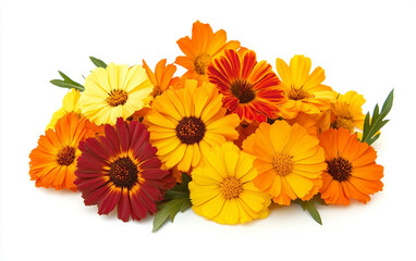 Golden Marigolds in Full Bloom Isolated on White Background.