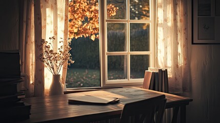Fototapeta premium A wooden work desk set near a window, balancing natural light and a clear view of the entrance