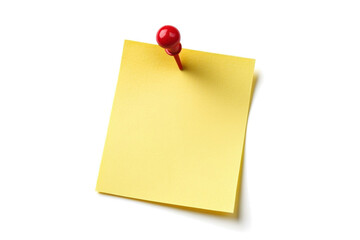 Yellow sticky post it note with red pushpin isolated on transparent background
