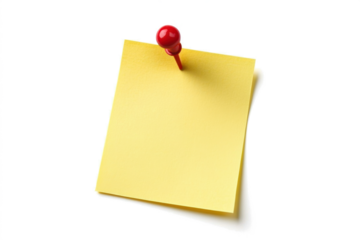 Yellow sticky post it note with red pushpin isolated on transparent background
