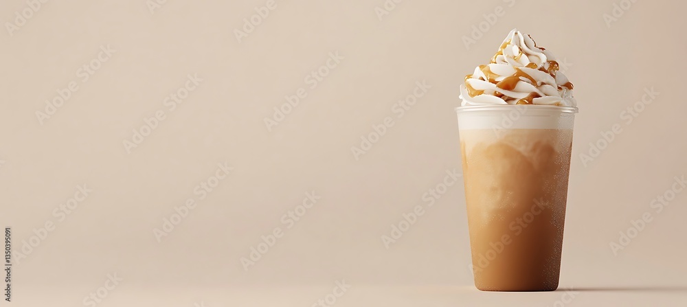Poster a smooth and refreshing caramel frappuccino positioned on the right against a clean white background