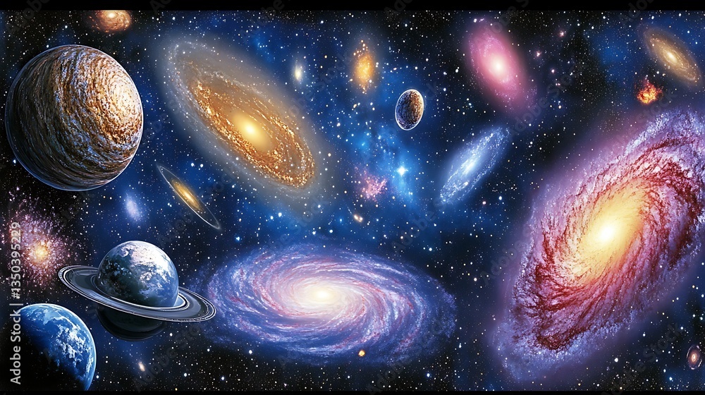 Poster various galaxies and planets populate the vastness of deep space