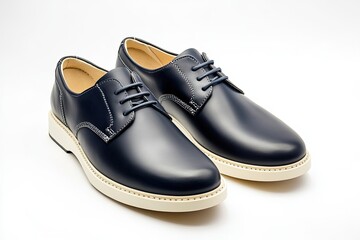 Navy Blue Leather Derby Shoes on White Background