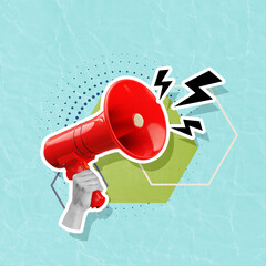 Lightning bolts flying out of megaphone in woman's hand on turquoise background, creative art...