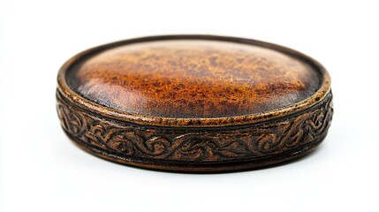 Antique ornate wooden box, round, brown, carved details.