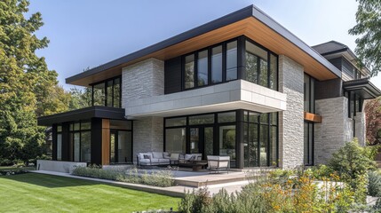 Fototapeta premium Stunning architectural masterpiece, A modern home with a serene outdoor lounge