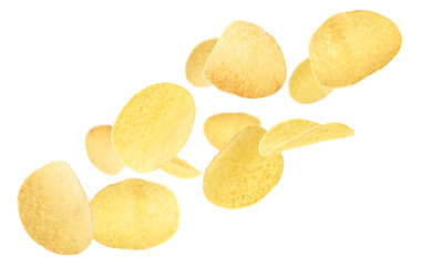 Tasty potato chips falling on white background