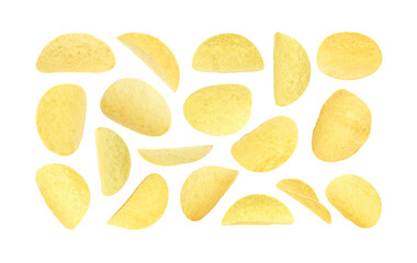 Tasty crispy potato chips on white background, collage