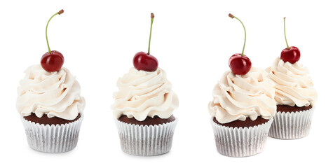 Tasty cupcakes with cream and cherries isolated on white, set