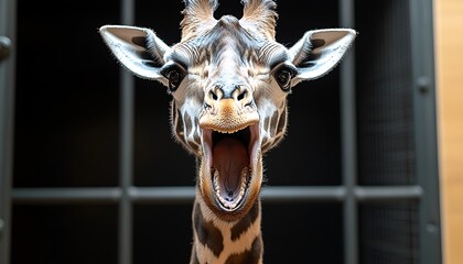 Yawning Giraffe in Zoo Enclosure