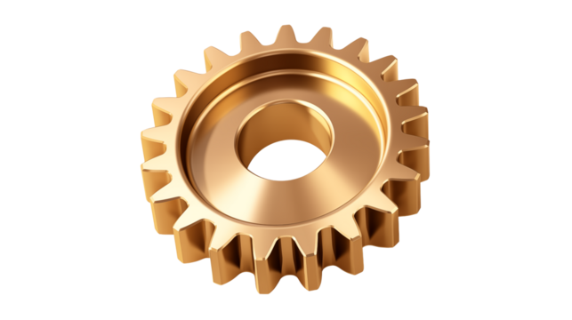 A single golden gear with a central hole isolated against a stark black background in sharp focusisolated on transparent background	 - Powered by Adobe