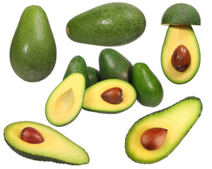 Fresh Avocado Whole and Sliced on White Background