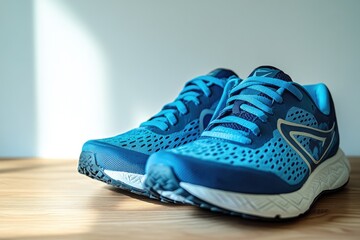 Blue Running Shoes on Wooden Tabletop, Sunlight
