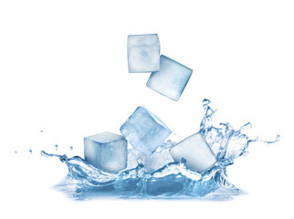 Ice cubes falling into water on white background