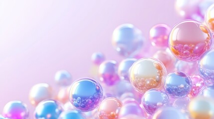 Fototapeta premium Pastel colored iridescent spheres floating with a shallow depth of field against a soft pink gradient background.