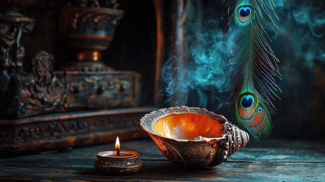 Sacred conch shell placed on an altar with a peacock feather, ready for the invocation of celestial energies.