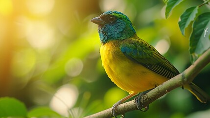 Blue crowned chlorophonia perched a vine deep emerald and bright yellow plumage glowing in soft tropical sunlight hyper realistic macro shot