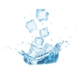 Ice cubes falling into water on white background