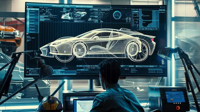 In a modern studio, a large highdefinition screen shows a detailed digital blueprint of an innovative car design, surrounded by advanced engineering tools and cuttingedge technologies