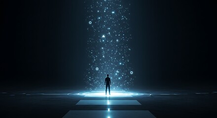 Man Standing in Futuristic Digital Light Beam
