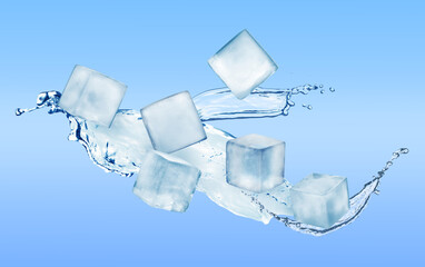 Ice cubes and splashing water on light blue background