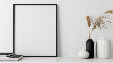 Blank frame mockup, minimalist decor, white wall, vases, books