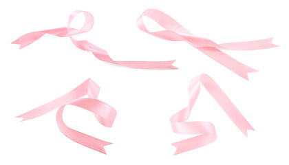 Beautiful pink ribbons isolated on white, set