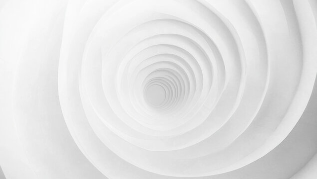 Concentric randomly offset white rings or circles steps fading out background wallpaper banner, close up flat lay top view from above. abstract modern minimal white background