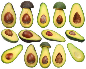 Collection of Fresh and Vibrant Avocado Halves with Pits and Textures