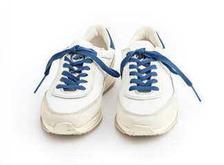 White sneakers with blue laces on white background