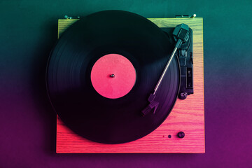 Fototapeta premium Turntable with vinyl record, top view. Color toned