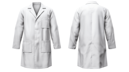 Front and back view of a white lab coat with pockets isolated on a black background in studio lightingisolated on transparent background