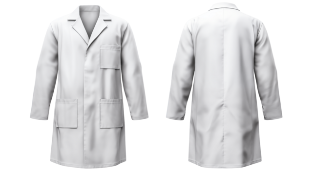Front and back view of a white lab coat with pockets isolated on a black background in studio lightingisolated on transparent background	