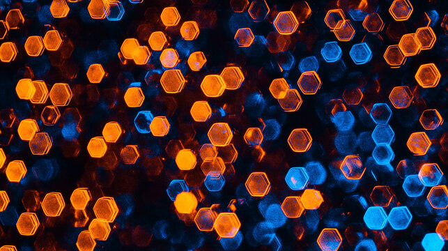 Vibrant hexagonal bokeh lights in orange and blue hues creating a mesmerizing abstract background