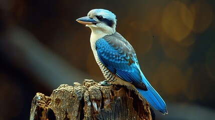 Blue winged kookaburra perched a weathered tree stump bright blue wing markings sharp beak golden sunlight casting shadows crisp natural details