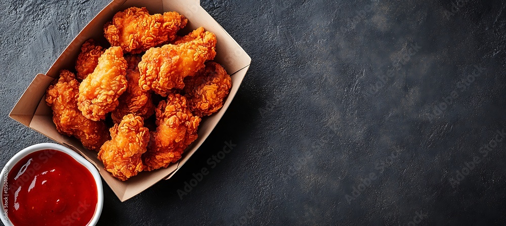 Poster a crispy chicken tenders box on the left with a dark backdrop, perfect for showcasing your meal in a