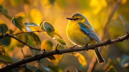 Obraz premium Blue winged warbler resting a sunlit branch striking yellow and blue feathers glowing under soft morning light crisp professional wildlife photography
