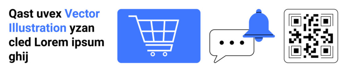 Shopping cart representing online retail, notification bell for updates, chat bubble for messaging, and QR code for scanning. Ideal for e-commerce, communication, alert, promotion, marketing