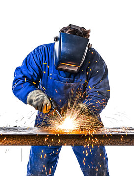 Man in blue overalls and a welding mask, welding metal on a table with sparks flying around an isolated white background.