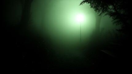 Fototapeta premium A foggy street lamp illuminates a path through a dark forest area