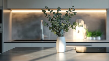 Modern kitchen with a vase of eucalyptus