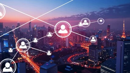A dynamic cityscape highlighting the digital connections among users, symbolizing the integration of technology, vibrant business practices, and advanced AI in urban infrastructure - Powered by Adobe