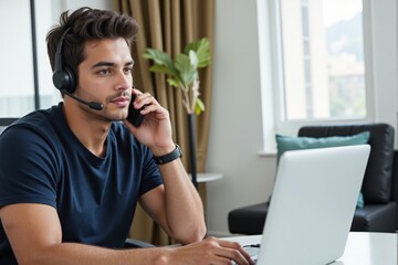 Young Hispanic Male Wearing Headset While Working from Home in Modern Office Environment with Laptop and Windows in Bright Room