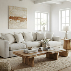 A cozy, modern living room with a white sofa, wooden coffee table, and neutral decor is brightened by natural light from two large windows. Generative AI