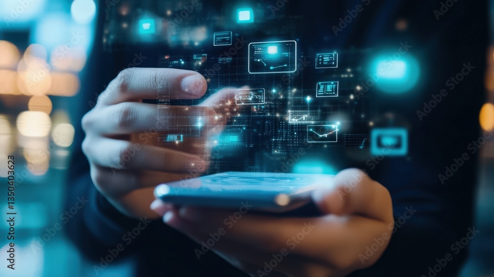 Aufkleber man using smartphone and technological display indicators shown