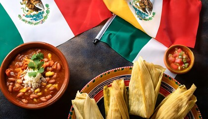 Tamales and pozole dishes surrounded by Mexican flags.