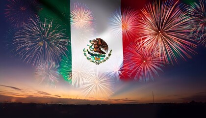 Fireworks in the night sky with the silhouette of the Mexican flag.