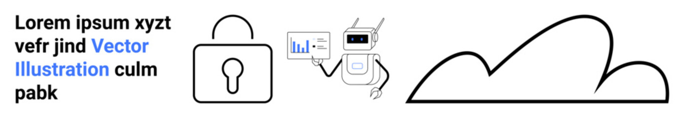 Robot holds data chart, padlock denotes security, cloud symbolizes data storage and connectivity. Ideal for cybersecurity, technology, artificial intelligence, data analysis, cloud computing