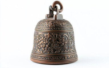 Antique Brass Bell with Floral Motif Engravings Isolated on White Background.