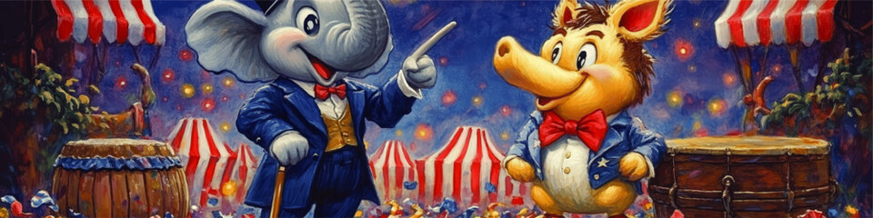 Obraz premium Charming Circus Wonderland: Vector Image of Elephant Ringmaster and Anteater Performer in Red-Striped Tents with Drums and Nighttime Festive Lights